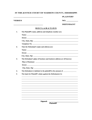 Mississippi Justice Court Debt Claim Declaration