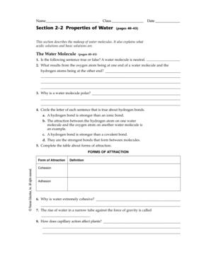 Science Worksheet on Water Properties
