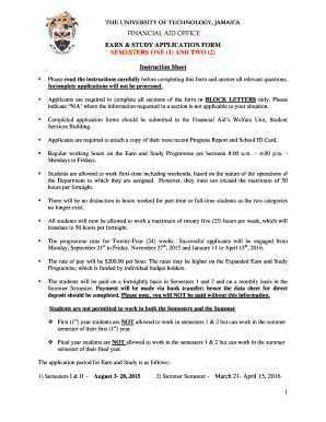 University of Technology Jamaica Earn and Study Application Form