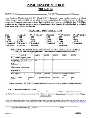 Ohio Student Immunization Form