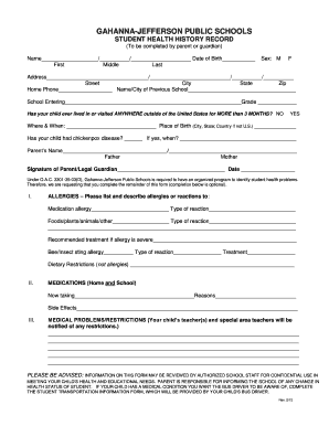Student Health History Record