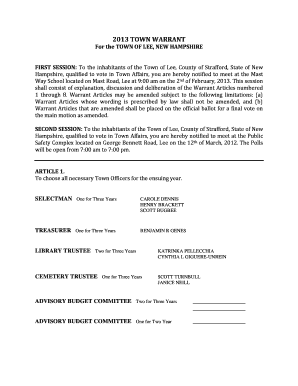 2013 Town Warrant for Lee New Hampshire