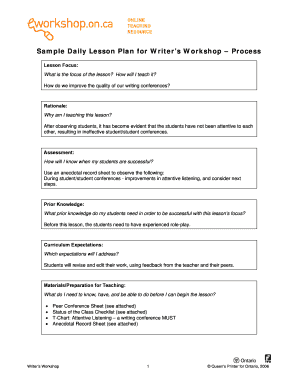 Sample Daily Lesson Plan for Writers Workshop - Process