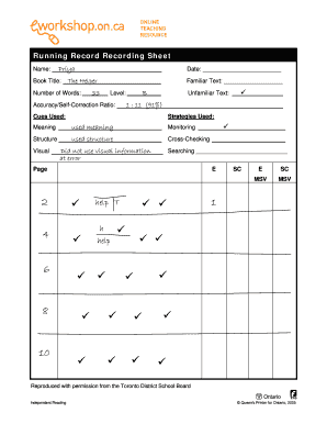 Running Record Recording Sheet