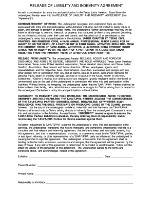 As valid consideration for entry into and participation in the Texas Junior Hereford State Show the