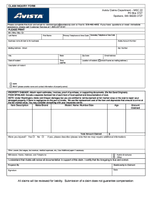 Avista Claim Inquiry Form