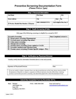 Preventive Screening Documentation Form
