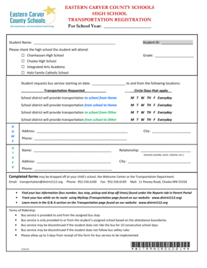 High School Transportation Registration Form