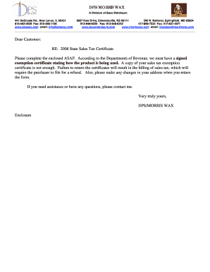 2008 State Sales Tax Exemption Certificate