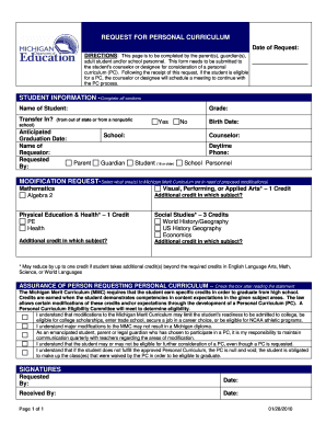 Michigan Personal Curriculum Request Form