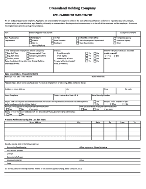 Dreamland Holding Company Employment Application