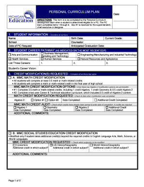 Personal Curriculum Plan Form