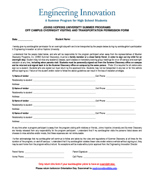 Johns Hopkins Summer Program Overnight Permission Form