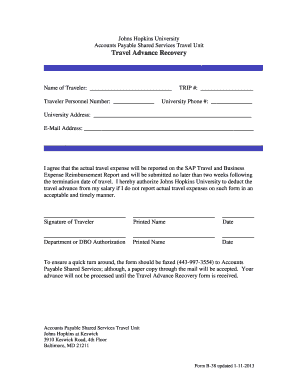 Johns Hopkins Travel Advance Recovery Form