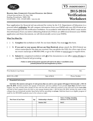 RACC Financial Aid Verification Worksheet