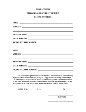 Joint Account Agreement Without Right of Survivorship