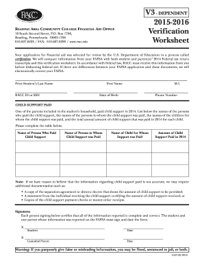 FAFSA Verification Worksheet