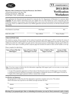 RACC Financial Aid Verification Worksheet