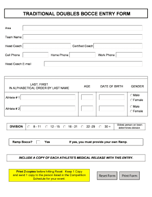 Traditional Doubles Bocce Entry Form
