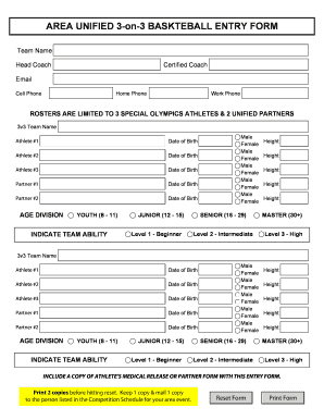 Special Olympics Unified 3-on-3 Basketball Entry Form