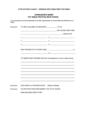 UIL Region Marching Band Announcer Sheet