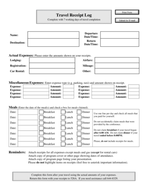 Print Form Travel Receipt Log - Florida State University