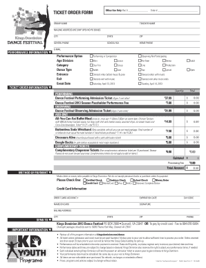 Kings Dominion 2013 Dance Festival Ticket Order Form