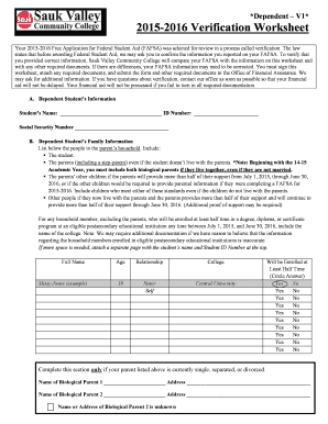 2015-2016 Verification Worksheet for Dependent Students