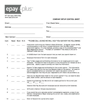 Company Setup Control Sheet