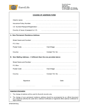 EuroLife Change of Address Form