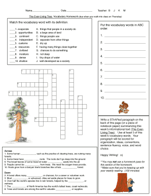 The Ever-Living Tree Vocabulary Homework
