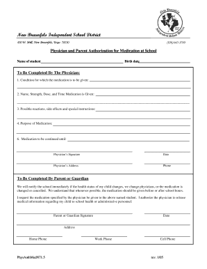 Physician and Parent Authorization for Medication at School
