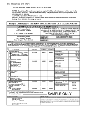 Certificate of Liability Insurance for Leases and Use Agreements