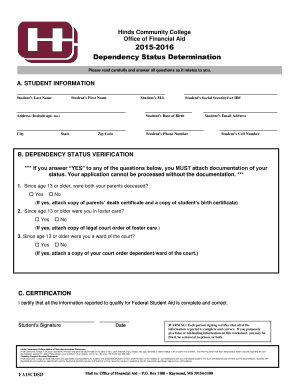 Hinds Community College Dependency Status Form
