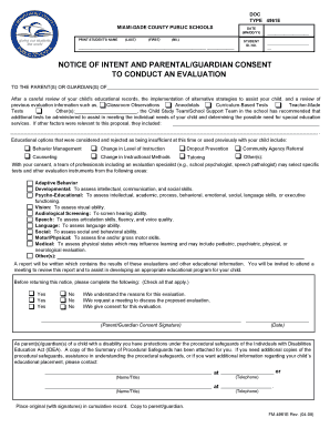 Notice of Intent and Parental Consent to Conduct an Evaluation