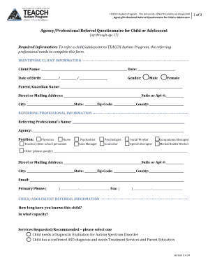 TEACCH Autism Program Referral Questionnaire
