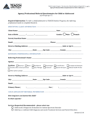 TEACCH Autism Program Referral Questionnaire