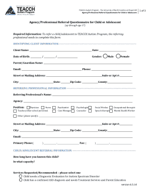 TEACCH Autism Program Referral Questionnaire