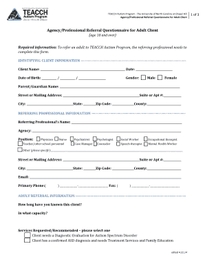 TEACCH Autism Program Adult Client Referral Questionnaire