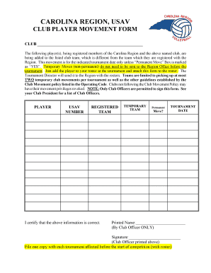Carolina Region USAV Club Player Movement Form