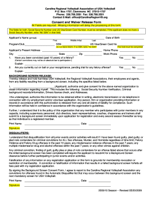 Carolina Regional Volleyball Association Consent and Waiver Release Form