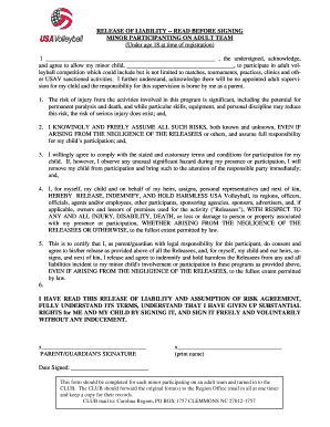 Release of Liability for Minor Participating on Adult Team