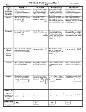 Third Grade Weekly Homework Sheet