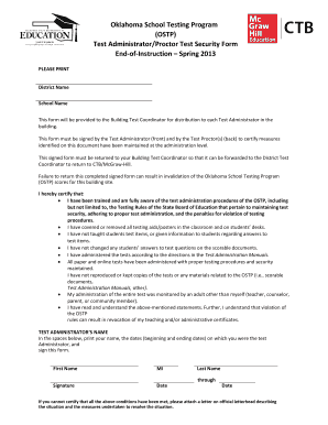 Oklahoma School Testing Program Test Security Form