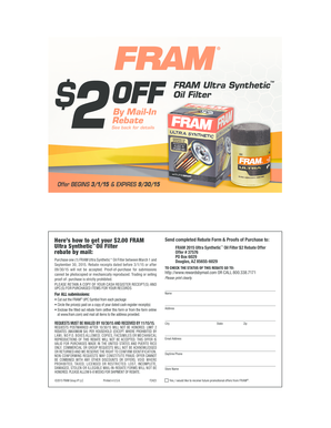 FRAM Ultra Synthetic Oil Filter Rebate Form