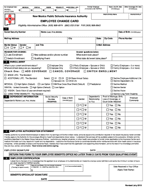 New Mexico Public Schools Insurance Authority Employee Change Card