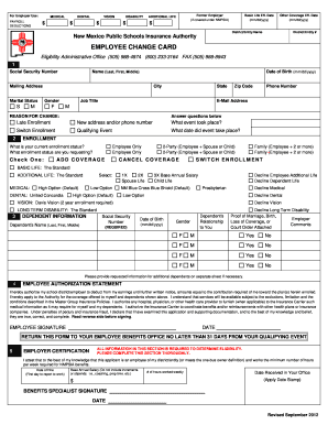 New Mexico Public Schools Insurance Authority Employee Change Card