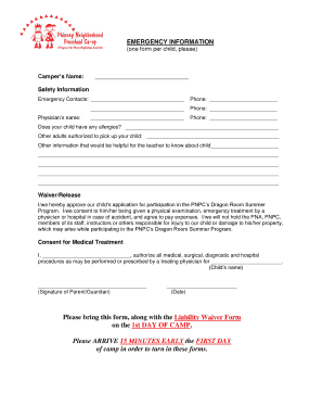 Camper Emergency Information and Waiver Form