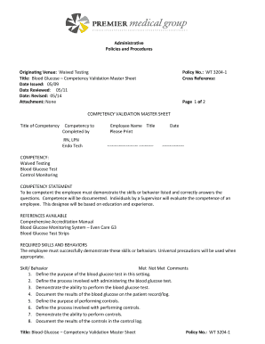 Blood Glucose Competency Validation Form