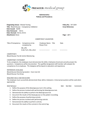 Blood Glucose Competency Validation Form